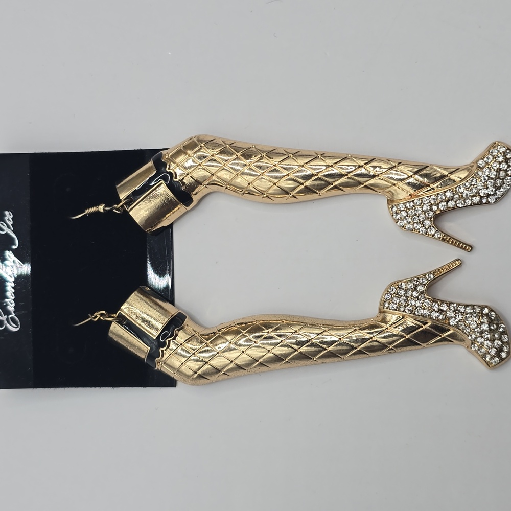 Eisenberg Ice Gold Tone Rhinestone Stiletto High Heel Leg Dangle Earrings
